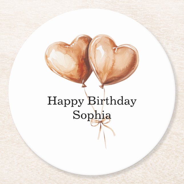Porta-copo De Papel Redondo Caramel Heart Balloons Birthday (Frente)