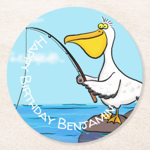 Porta-copo De Papel Redondo Cartoon pelicano de pesca engraçado