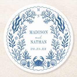 Porta-copo De Papel Redondo Casamento Azul Náutico Praia Oceano Concha