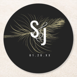 Porta-copo De Papel Redondo Casamento Boêmio Minimalista com Pena de Ouro Fals