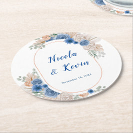 Porta-copo De Papel Redondo Casamento Boho Azul com Grama das Pampas