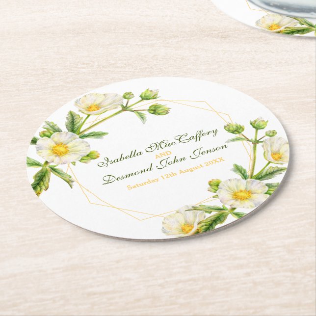 Porta-copo De Papel Redondo Casamento botânico verde-branco rosa do Rock (Angulado)