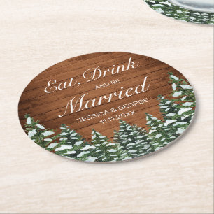 Porta-copo De Papel Redondo Casamento Casado com Snowy Wood & Forest Coma