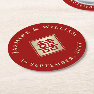 Porta-copo De Papel Redondo Casamento Chinês de Felicidade Dupla Praça Dourada