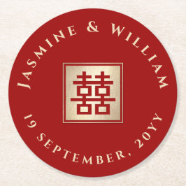 Porta-copo De Papel Redondo Casamento Chinês de Felicidade Dupla Praça Dourada