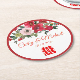 Porta-copo De Papel Redondo Casamento chinês moderno floral aquarela rosa verm