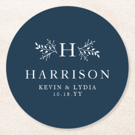 Porta-copo De Papel Redondo Casamento clássico simples, azul marinho monograma