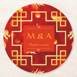 Porta-copo De Papel Redondo Casamento com Dragões Vermelhos e Dourados