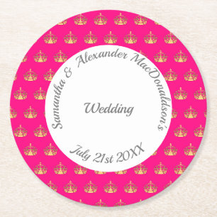 Porta-copo De Papel Redondo Casamento cor-de-rosa-claro e coroa-dourada