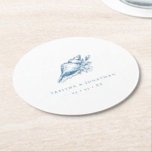 Porta-copo De Papel Redondo Casamento Costeiro Vintage Azul Concha Marinha