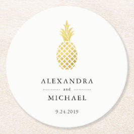 Porta-copo De Papel Redondo Casamento de Abacaxi Dourado Elegante