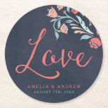 Porta-copo De Papel Redondo Casamento de Amor Floral Chalkboard Bluish<br><div class="desc">Imprima seus convidados com esta bonito porta copos redonda personalizada elegante e personalizada com belas flores contra um fundo de quadro negro, com a palavra "Amor" na letra moderna do roteiro. Também fará presentes a excelente para o seu partido. Veja os itens de casamento correspondentes na minha loja aqui http://www.zazzle.com/collections/bluish_chalkboard_floral_bridal_and_wedding-119872540777216768?rf=238364477188679314...</div>