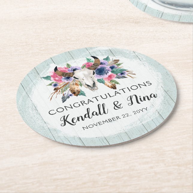 Porta-copo De Papel Redondo Casamento de Boho com Vaca Floral Rústica (Angulado)