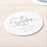 Porta-copo De Papel Redondo Casamento de Caligrafia Verde Sage<br><div class="desc">A porta copos do livro de casamento simples verde e branco apresenta uma elegante e romântica caligrafia suave com texto. Para uma personalização mais avançada deste design,  clique no BOTÃO FERRAMENTA DESIGN AZUL acima!</div>