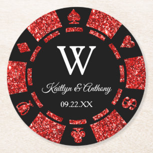 Porta-copo De Papel Redondo Casamento de Chip Casino de Poker Vermelho Glitter