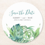 Porta-copo De Papel Redondo Casamento de Destino Tropical Salvar a Data<br><div class="desc">Defina o tom para o seu casamento de vassouras tropicais com estas na moda salvem as portas copos de data, com a caligrafia de script que imita a elegante letra de mão. Esta design moderna mostra uma réplica da minha trabalho de arte de aquarela original, com folhas de palma verdes...</div>