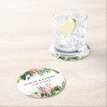 Porta-copo De Papel Redondo Casamento de Flamingo Floral Tropical Watercolor<br><div class="desc">Portas copos de Casamento Tropical de Verde Tropical com Cor de Água Moderna com Flamingo Rosa.</div>