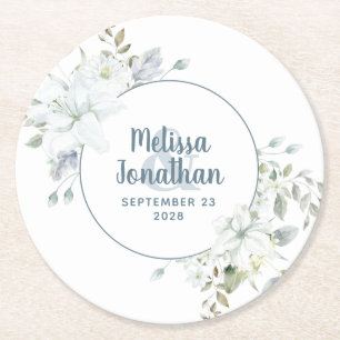 Porta-copo De Papel Redondo Casamento de flores brancas florais românticas aqu