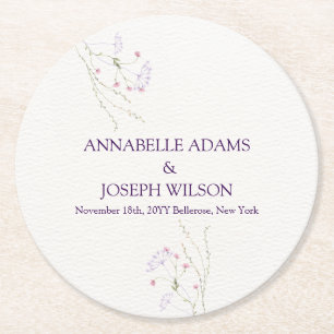 Porta-copo De Papel Redondo Casamento de flores de aquarela minimalista branca