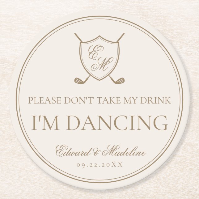 Porta-copo De Papel Redondo Casamento de Golfe do Monograma de Crest Clássico  (Frente)