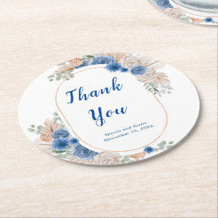 Porta-copo De Papel Redondo Casamento de Grama de Pampas Azul Boho