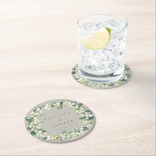 Porta-copo De Papel Redondo Casamento de Inverno Greige Snowberry+Eucalyptus 