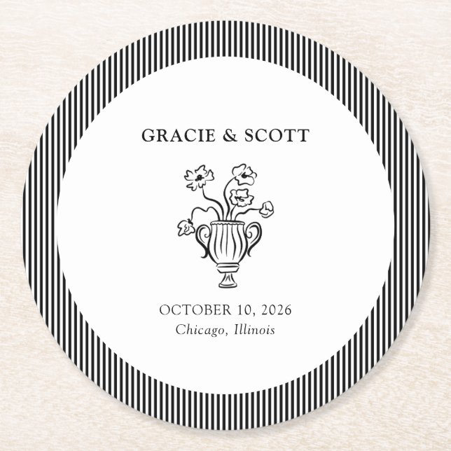Porta-copo De Papel Redondo Casamento de mão branca e preto clássico elegante (Frente)