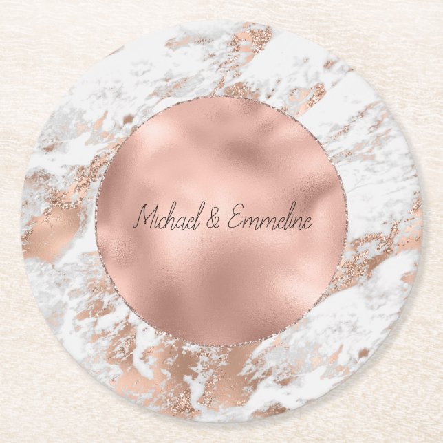 Porta-copo De Papel Redondo Casamento de mármore branco com Glitz Dourado rosa (Frente)