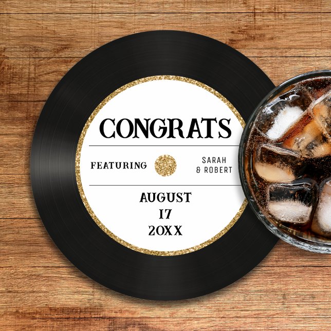 Porta-copo De Papel Redondo Casamento de Parabéns pelo Registro de Vinilo Glit (Retro Gold Glitter Vinyl Record Congrats Wedding Round Paper Coaster
)