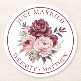 Porta-copo De Papel Redondo Casamento de Peony Recem casados Floral Watercolor