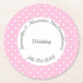Porta-copo De Papel Redondo Casamento de polkadot branco, rosa pálido