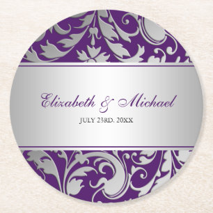 Porta-copo De Papel Redondo Casamento de púrpura e de sarjetas de prata
