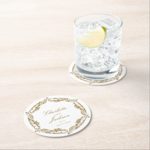 Porta-copo De Papel Redondo Casamento de Script Clássico de Quadro de Vintagem