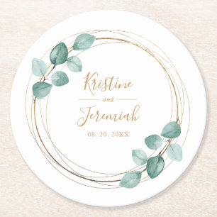 Porta-copo De Papel Redondo Casamento de Script Dourado Moderno Eucalyptus Wat