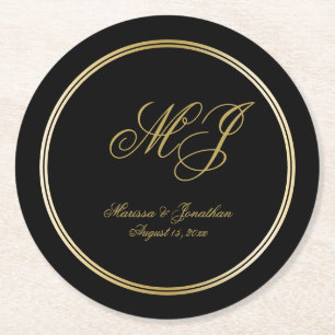 Porta-copo De Papel Redondo Casamento de Script Dourado Monograma Preto Elegan