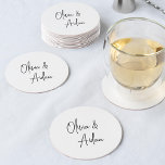 Porta-copo De Papel Redondo Casamento de Script Manuscrito Preto e Branco Mode<br><div class="desc">Projetado para combinar com nossos convites de casamento de Script Manuscrito Moderno. Uma bela design baseada na tipografia,  com um toque minimalista,  com seus nomes em modernos roteiros pretos de cinza.</div>