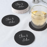 Porta-copo De Papel Redondo Casamento de Script Manuscrito Preto e Branco Mode<br><div class="desc">Projetado para combinar com nossos convites de casamento de Script Manuscrito Moderno. Uma bela design baseada em tipografia com um toque minimalista,  com seus nomes em moderno roteiro escrito à mão sobre fundo negro de cinza.</div>