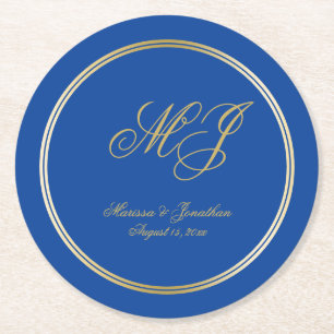 Porta-copo De Papel Redondo Casamento de Script Monograma Dourado Azul Elegant