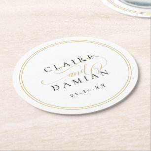 Porta-copo De Papel Redondo Casamento de Script Romântico Dourado Simples Eleg