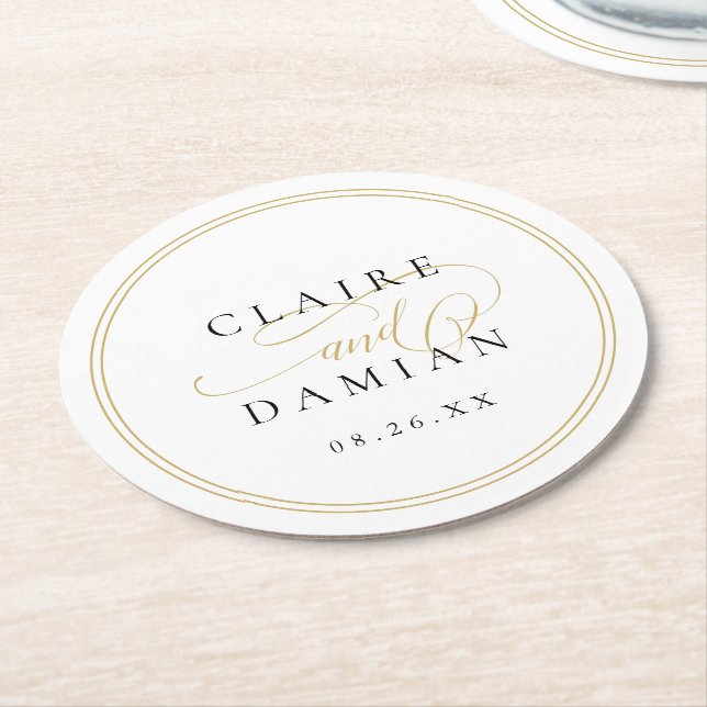 Porta-copo De Papel Redondo Casamento de Script Romântico Dourado Simples Eleg (Angulado)