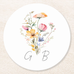 Porta-copo De Papel Redondo Casamento de Watercolor Meadow Wildflower Monogram