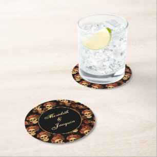 Porta-copo De Papel Redondo Casamento do Dia das Bruxas Negras com Rosa vermel