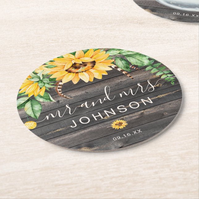 Porta-copo De Papel Redondo Casamento do Sr e da Sra Girassol do Campo Rústico (Angulado)