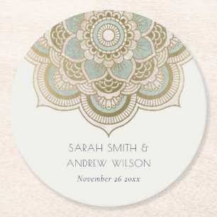 Porta-copo De Papel Redondo Casamento Dourado de Téal Turquoise Mandala, Ornam