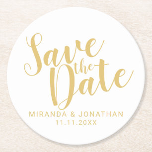 Porta-copo De Papel Redondo Casamento Dourado e branco legante Salvar a Data