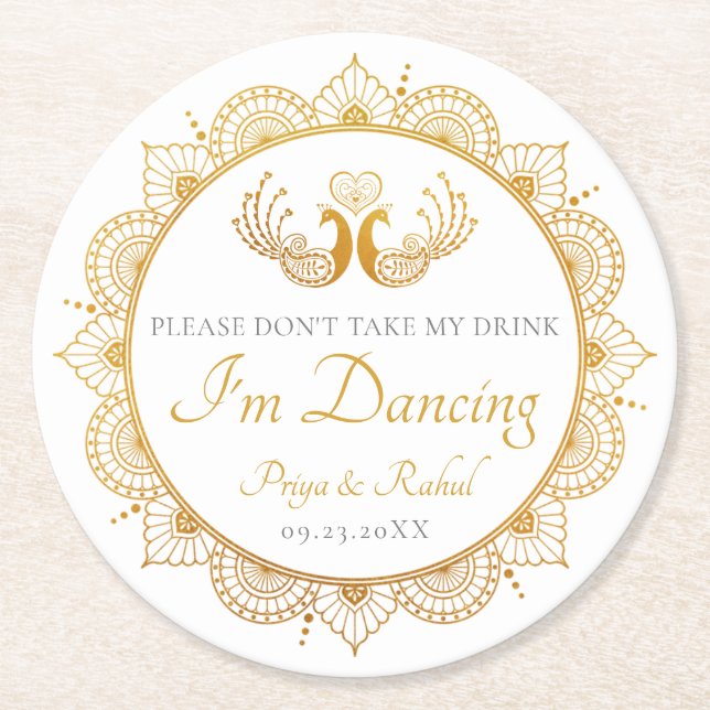 Porta-copo De Papel Redondo Casamento Dourado Elegante da Índia (Frente)