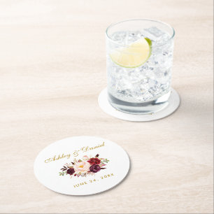 Porta-copo De Papel Redondo Casamento Dourado Floral de Watercolor Burgundy