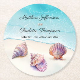 Porta-copo De Papel Redondo Casamento Elegante na Praia Conchas Marinhas Péro