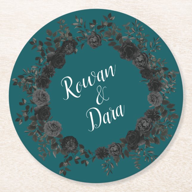 Porta-copo De Papel Redondo Casamento Elegante Rosa Gótico de Teal Negro (Frente)