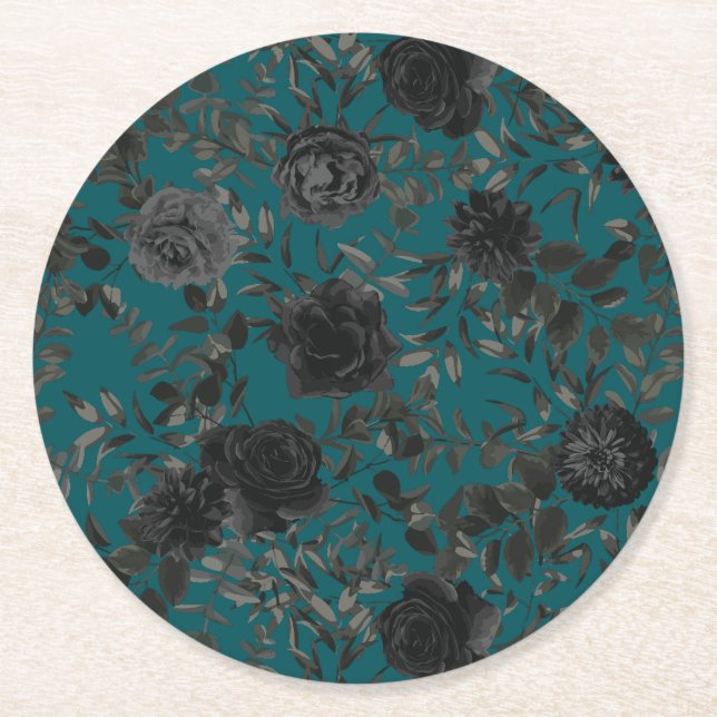 Porta-copo De Papel Redondo Casamento Elegante Rosa Gótico de Teal Negro (Frente)